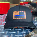 SnapBack Trucker Tan Leather Patch Thin Blue Line Flag