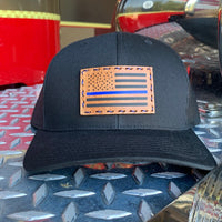 SnapBack Trucker Tan Leather Patch Thin Blue Line Flag