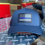 SnapBack Trucker Black Leather Patch Thin Blue Line Flag