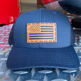 SnapBack Trucker Tan Leather Patch Thin Blue Line Flag