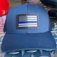 SnapBack Trucker Black Leather Patch Thin Blue Line Flag