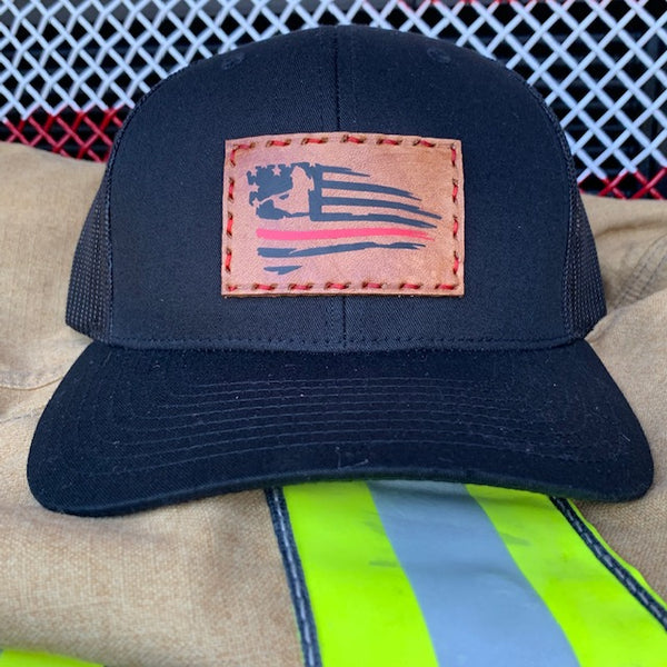 SnapBack Trucker Tan Leather Patch Thin Red Line Flag Firefighter Silhouette