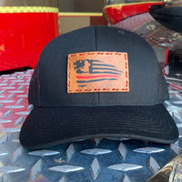 SnapBack Trucker Tan Leather Patch Thin Red Line Flag Firefighter Silhouette