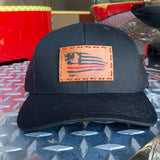 SnapBack Trucker Tan Leather Patch Thin Red Line Flag Firefighter Silhouette