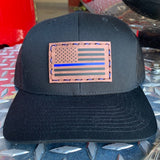 SnapBack Trucker Tan Leather Patch Thin Blue Line Flag