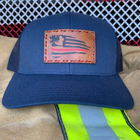 SnapBack Trucker Tan Leather Patch Thin Red Line Flag Firefighter Silhouette