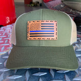 SnapBack Trucker Tan Leather Patch Thin Blue Line Flag