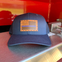 SnapBack Trucker Tan Leather Patch Thin Blue Line Flag