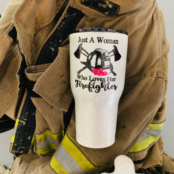 Just A Woman Who Loves Her Firefighter Helmet Roses Drinkware