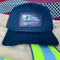 SnapBack Trucker Black Leather Patch Thin Red Line Flag Firefighter Silhouette