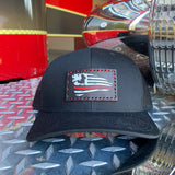 SnapBack Trucker Black Leather Patch Thin Red Line Flag Firefighter Silhouette