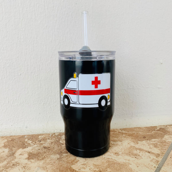 Kids Matte Black Ambulance Personalized Stainless Steel Cup