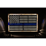 Custom Metal Thin Blue Line Flag On Distressed Wood