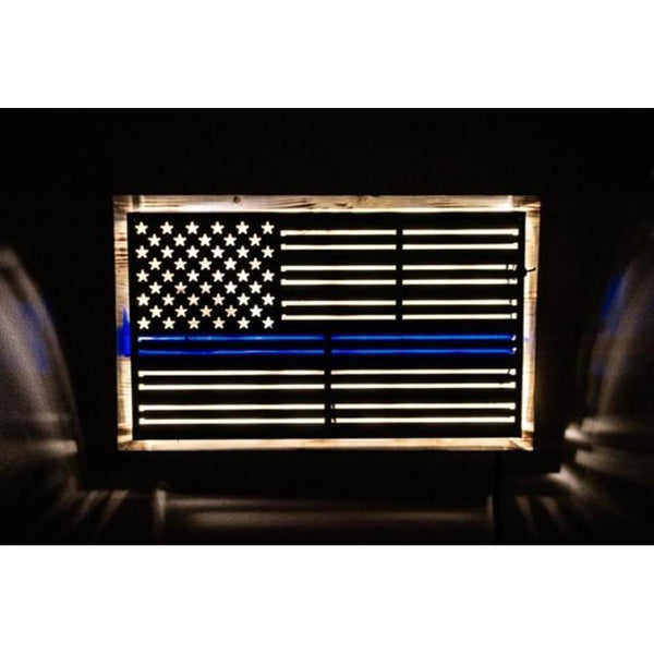 Custom Metal Thin Blue Line Flag On Distressed Wood