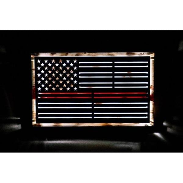 Custom Metal Thin Red Line Led Lighted Flag On Distressed Wood